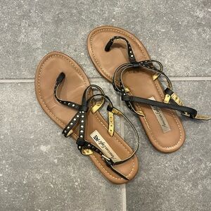 American Eagle Black Leather Sandals with Gold Detail